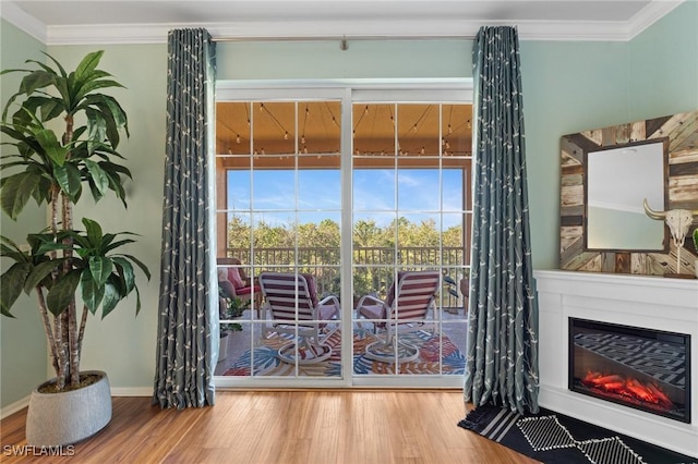 doorway with ornamental molding, a glass covered fireplace, and wood finished floors