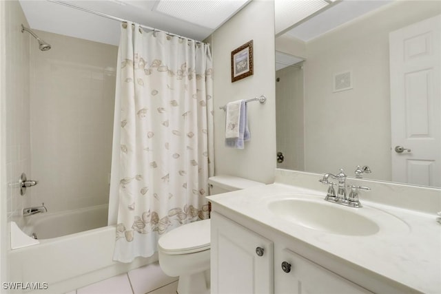 bathroom with tile patterned flooring, toilet, visible vents, vanity, and shower / bathtub combination with curtain