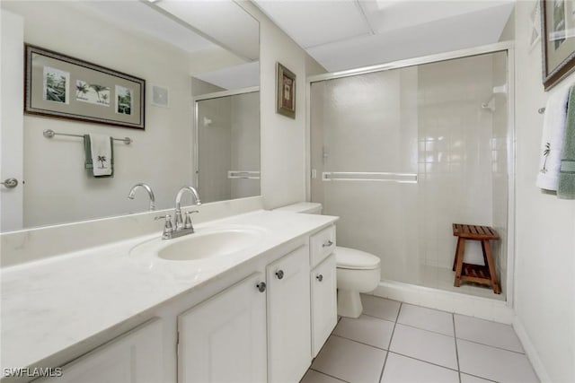 full bath featuring visible vents, toilet, a stall shower, vanity, and tile patterned flooring