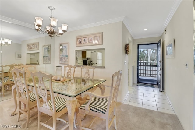 tiled dining area with baseboards, ornamental molding, and a notable chandelier