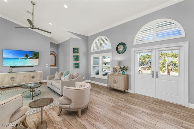 1015 Goldenrod Ave, Marco Island, FL 34145 - living room with visible vents, baseboards, light wood-style floors, french doors, and ornamental molding