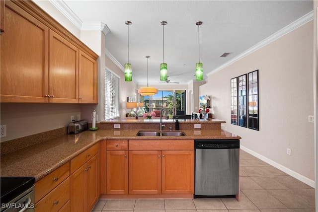 kitchen with a peninsula, a sink, hanging light fixtures, ornamental molding, and appliances with stainless steel finishes