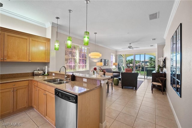 kitchen featuring visible vents, dishwasher, ornamental molding, a peninsula, and a sink