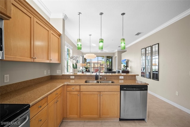 kitchen with visible vents, stainless steel dishwasher, a sink, crown molding, and a peninsula