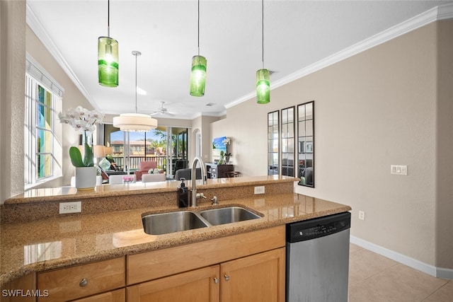 kitchen featuring plenty of natural light, dishwasher, a ceiling fan, ornamental molding, and a sink
