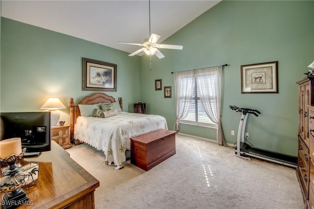 carpeted bedroom featuring ceiling fan, high vaulted ceiling, and baseboards