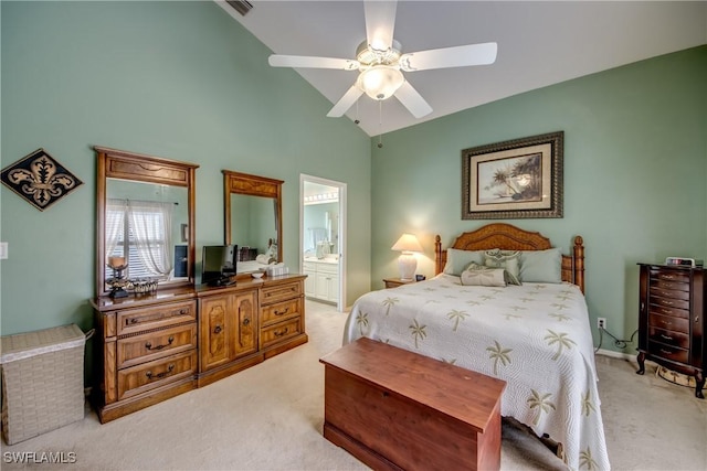 bedroom with light carpet, ensuite bath, visible vents, and high vaulted ceiling