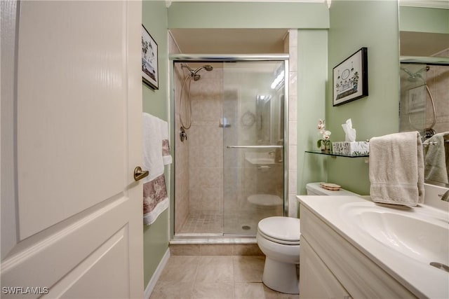 bathroom featuring a stall shower, tile patterned flooring, vanity, and toilet