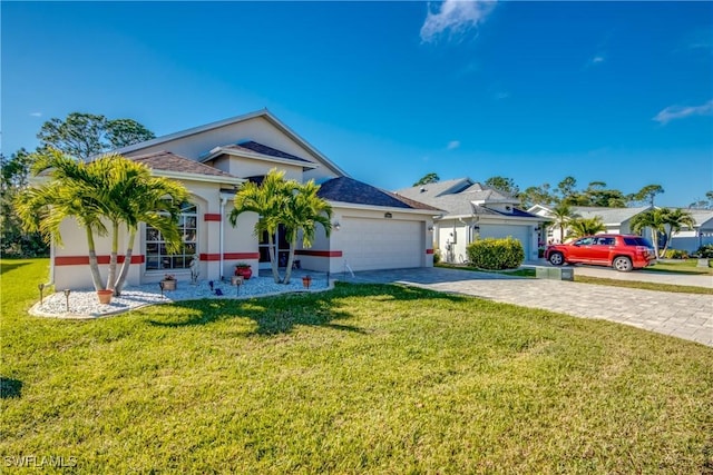 ranch-style home featuring a garage, a front lawn, decorative driveway, and stucco siding