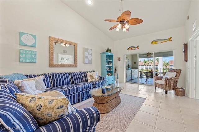 tiled living room featuring high vaulted ceiling and a ceiling fan