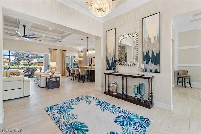 hall with an inviting chandelier, ornamental molding, wood finished floors, coffered ceiling, and beamed ceiling