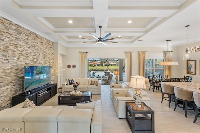 living room with ceiling fan, crown molding, coffered ceiling, and beam ceiling