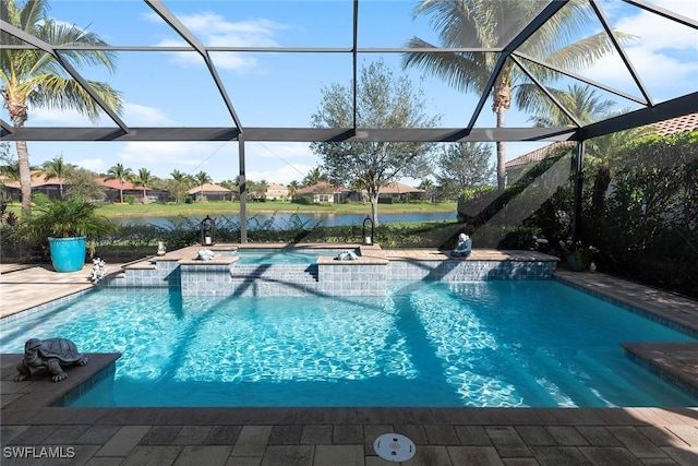 view of swimming pool with a water view, a patio area, a pool with connected hot tub, and a lanai