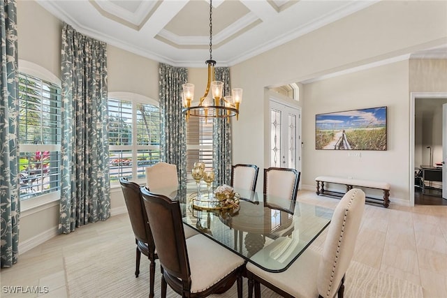 dining space featuring a high ceiling, an inviting chandelier, ornamental molding, coffered ceiling, and baseboards