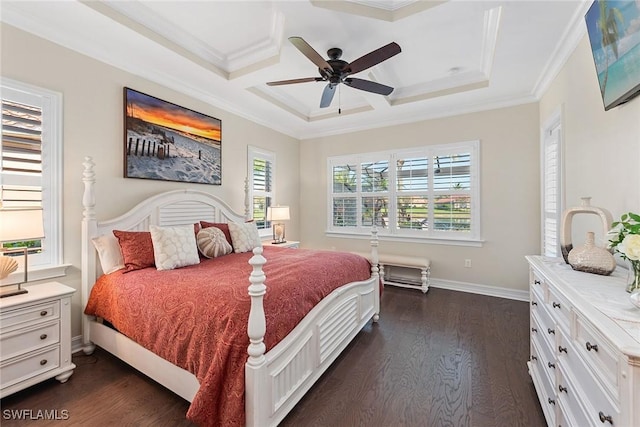 bedroom featuring dark wood-style floors, multiple windows, and crown molding