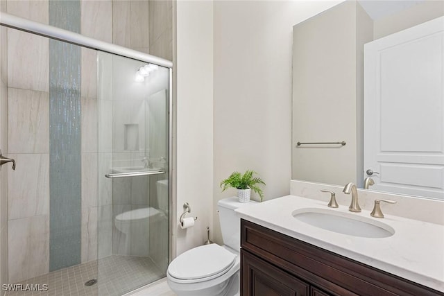 bathroom featuring toilet, a shower stall, and vanity