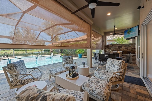 view of patio featuring glass enclosure, an outdoor hangout area, a ceiling fan, an outdoor pool, and outdoor dining space