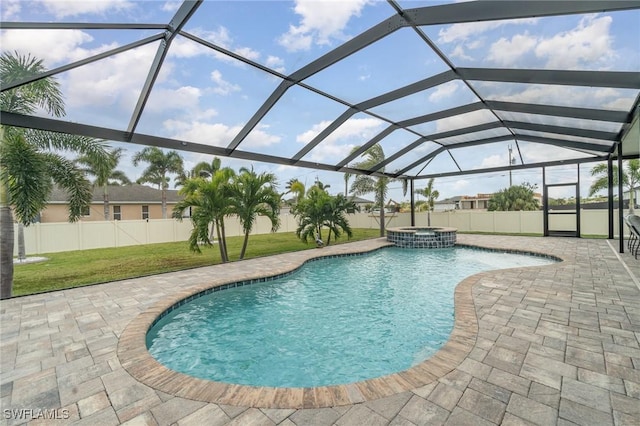 view of pool featuring a yard, a patio, and fence