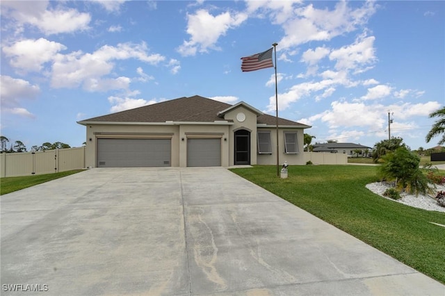 ranch-style house with a front yard, fence, an attached garage, stucco siding, and concrete driveway