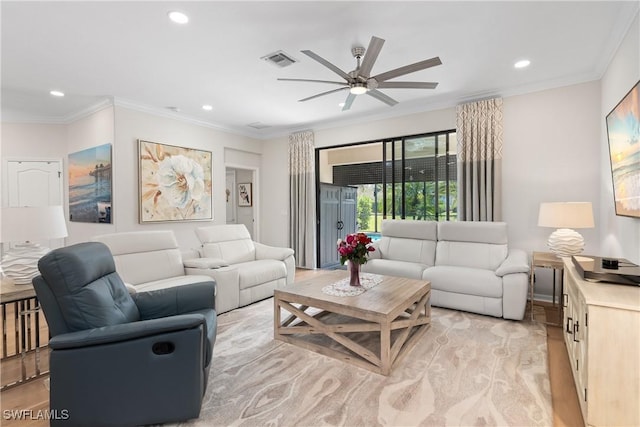 living room featuring recessed lighting, visible vents, and crown molding