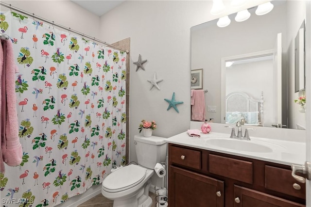 full bathroom featuring toilet, tile patterned flooring, a shower with shower curtain, and vanity