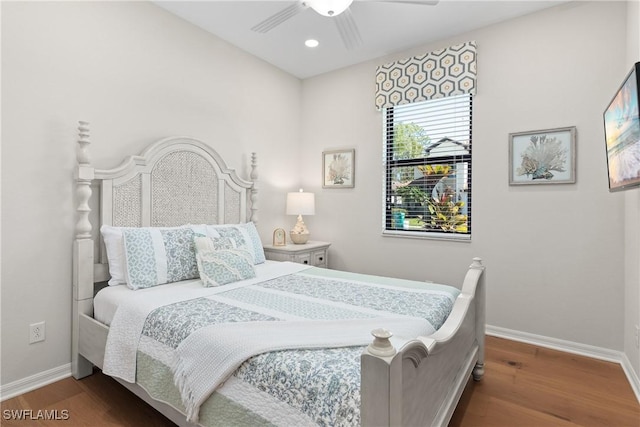 bedroom with recessed lighting, dark wood-style flooring, ceiling fan, and baseboards