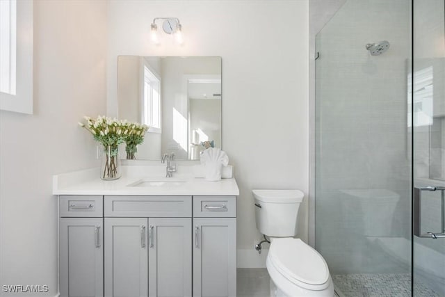 full bathroom with toilet, a shower stall, and vanity