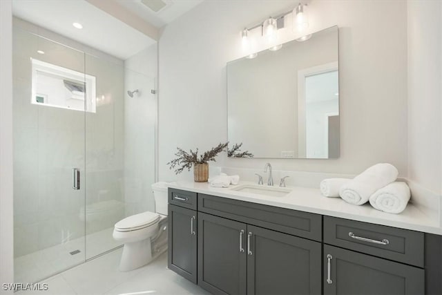 full bathroom with toilet, a stall shower, tile patterned flooring, and vanity