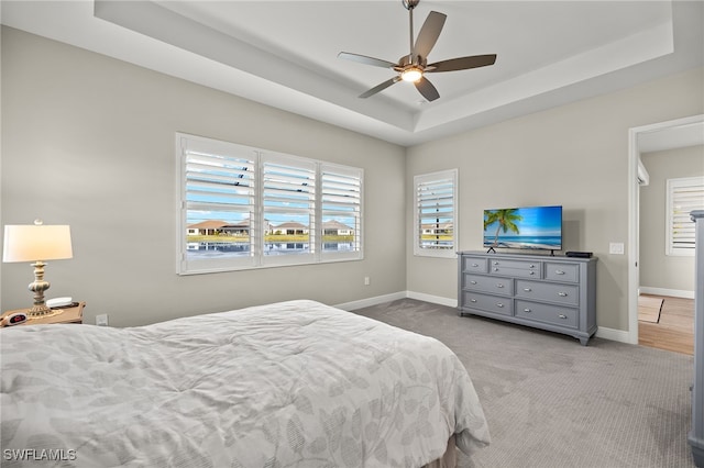 bedroom featuring a tray ceiling, multiple windows, and baseboards