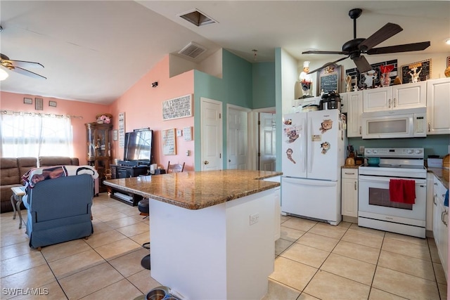 kitchen featuring light tile patterned floors, visible vents, a ceiling fan, white cabinets, and white appliances