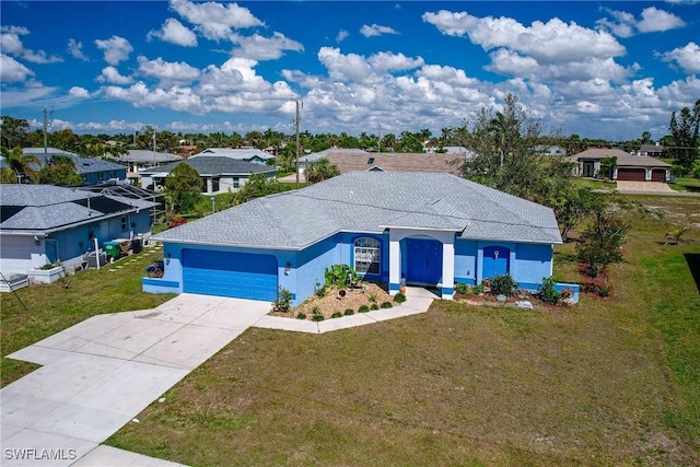 single story home with stucco siding, concrete driveway, a front yard, a garage, and a residential view