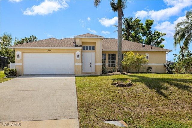 view of front of property featuring a shingled roof, a front lawn, concrete driveway, stucco siding, and a garage