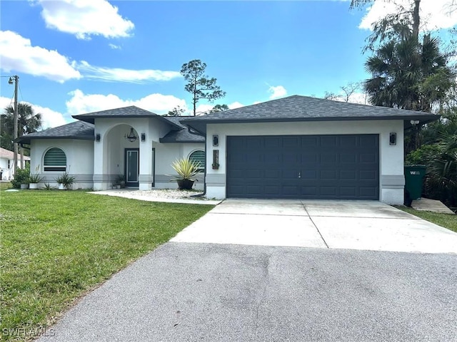 view of front of property featuring an attached garage, a shingled roof, a front lawn, stucco siding, and driveway