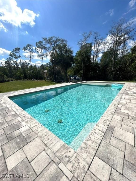 pool featuring a patio area and a lawn