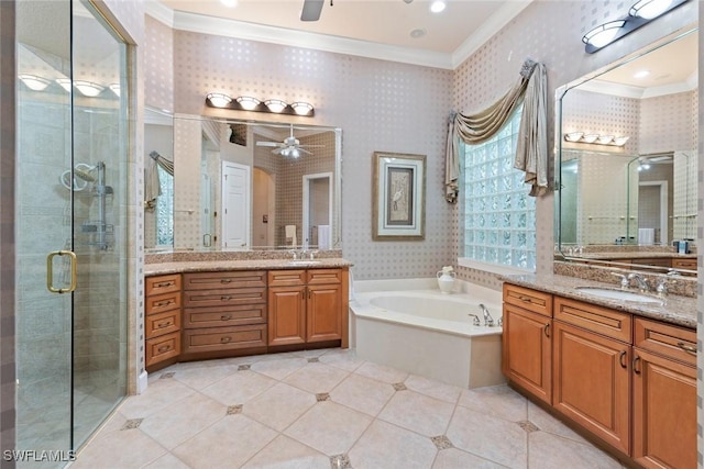 full bath featuring a ceiling fan, crown molding, a sink, and wallpapered walls