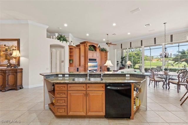 kitchen with arched walkways, black dishwasher, open shelves, ornamental molding, and a sink