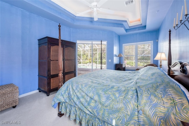 bedroom with carpet floors, access to exterior, a raised ceiling, and multiple windows