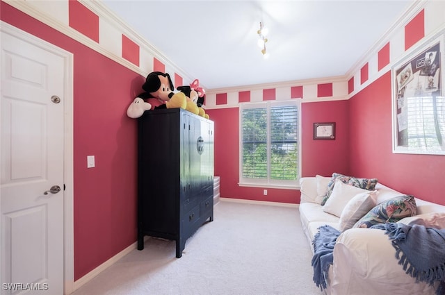 bedroom featuring light carpet, ornamental molding, and baseboards