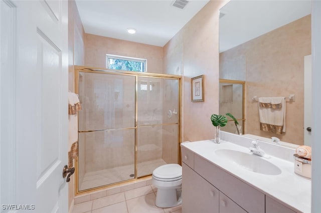 full bath with toilet, a stall shower, visible vents, and tile patterned floors