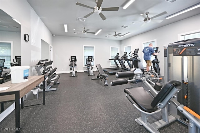 gym with baseboards and visible vents