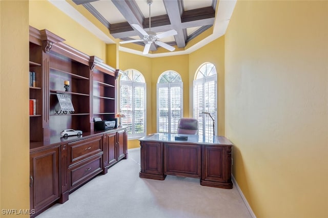 office area featuring light carpet, ceiling fan, coffered ceiling, beamed ceiling, and baseboards