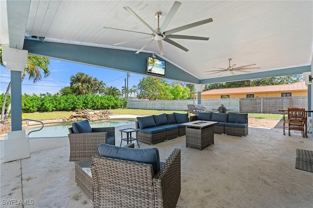 view of patio with a fenced in pool, outdoor lounge area, grilling area, a ceiling fan, and a fenced backyard