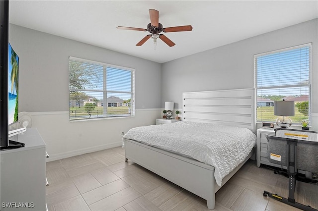 bedroom featuring ceiling fan and baseboards