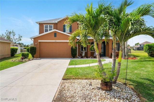 view of front facade featuring a garage, driveway, a front lawn, and stucco siding