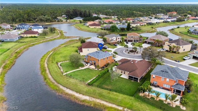 bird's eye view featuring a residential view and a water view