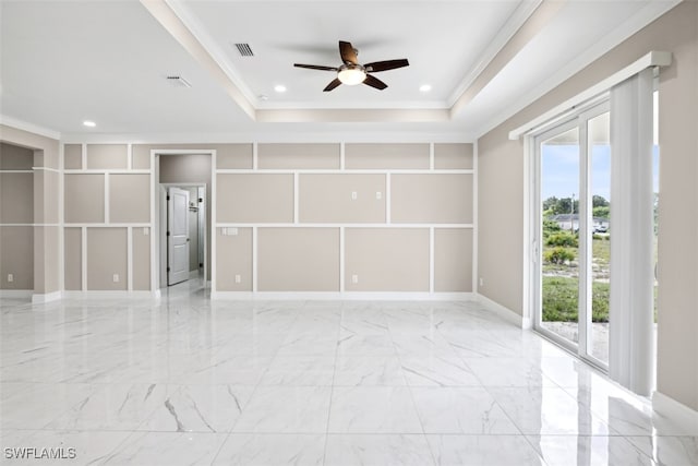 unfurnished living room with marble finish floor, recessed lighting, a raised ceiling, visible vents, and ceiling fan