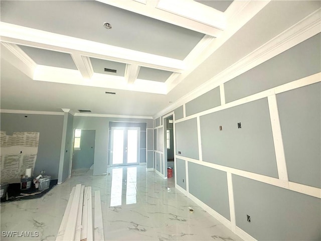 interior space featuring marble finish floor, beam ceiling, coffered ceiling, and crown molding