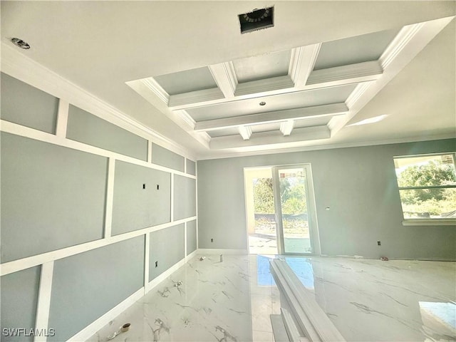 empty room with marble finish floor, ornamental molding, coffered ceiling, and beam ceiling