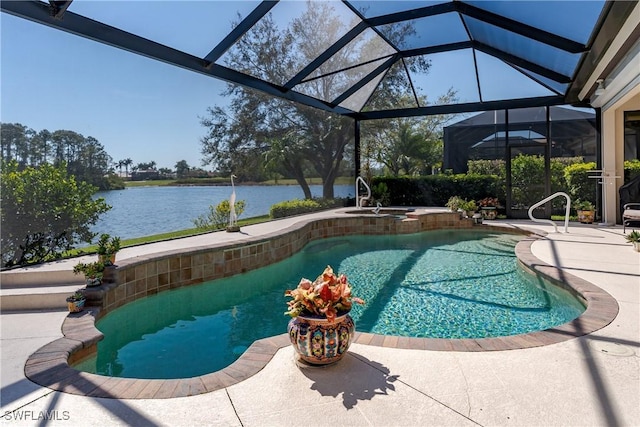 pool with a patio, a water view, and glass enclosure