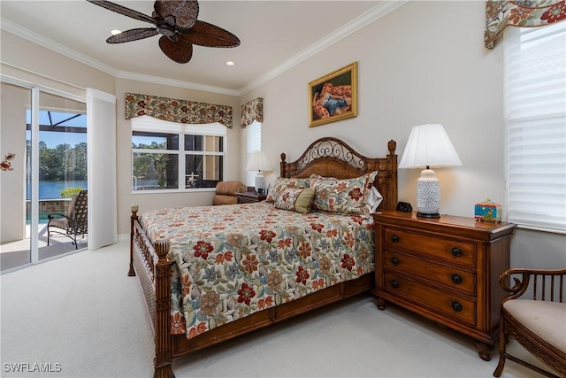 bedroom with a ceiling fan, ornamental molding, access to exterior, carpet flooring, and recessed lighting